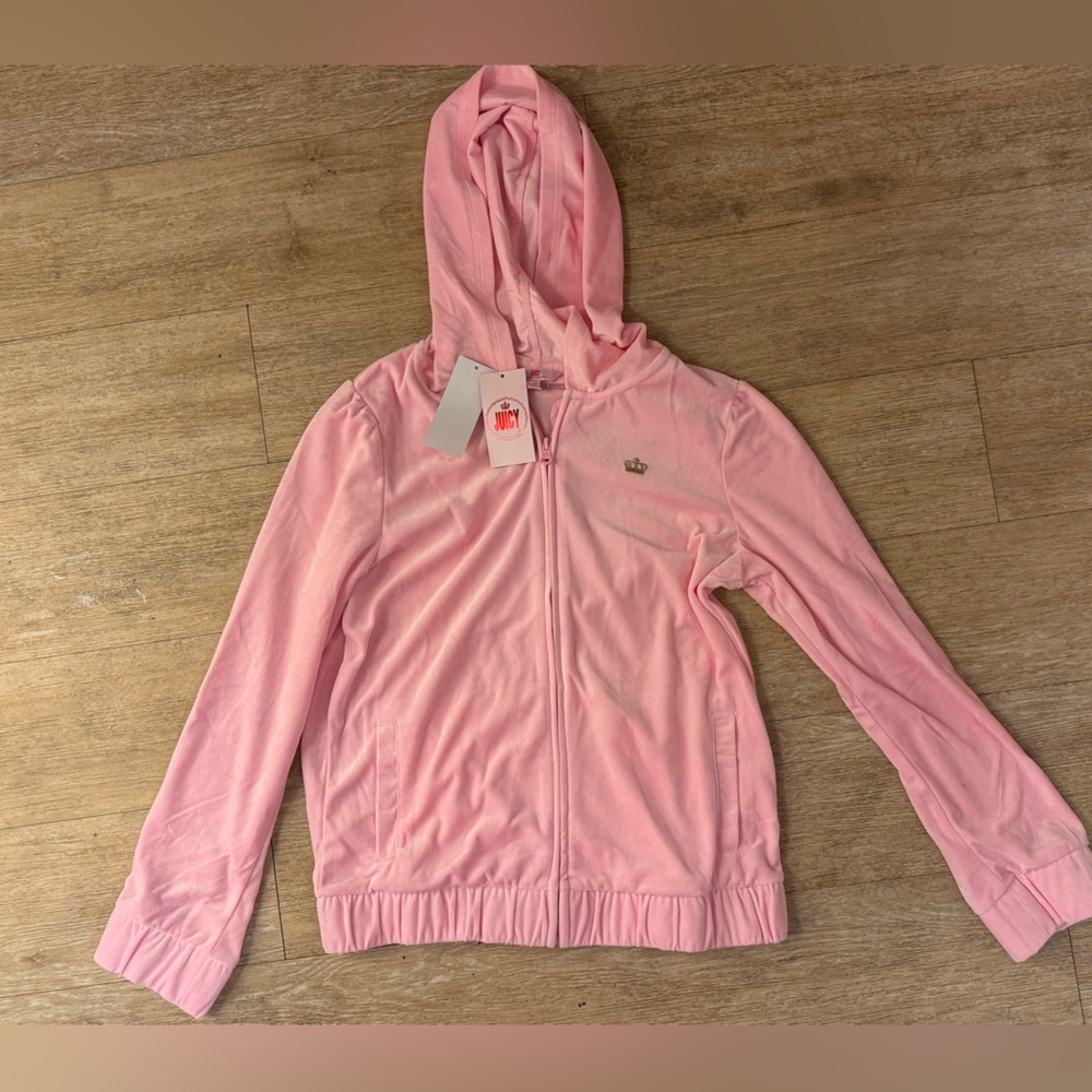 Juicy Couture Kids Girls Velour Sweater Hoodie Zip Up XL 16 Pink Logo